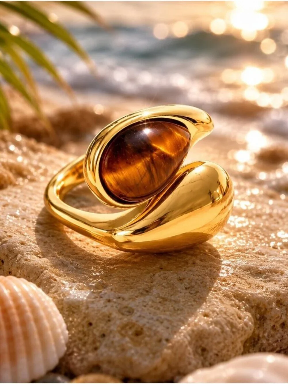Gold plated Open Ring with Brown Teardrop Pearl